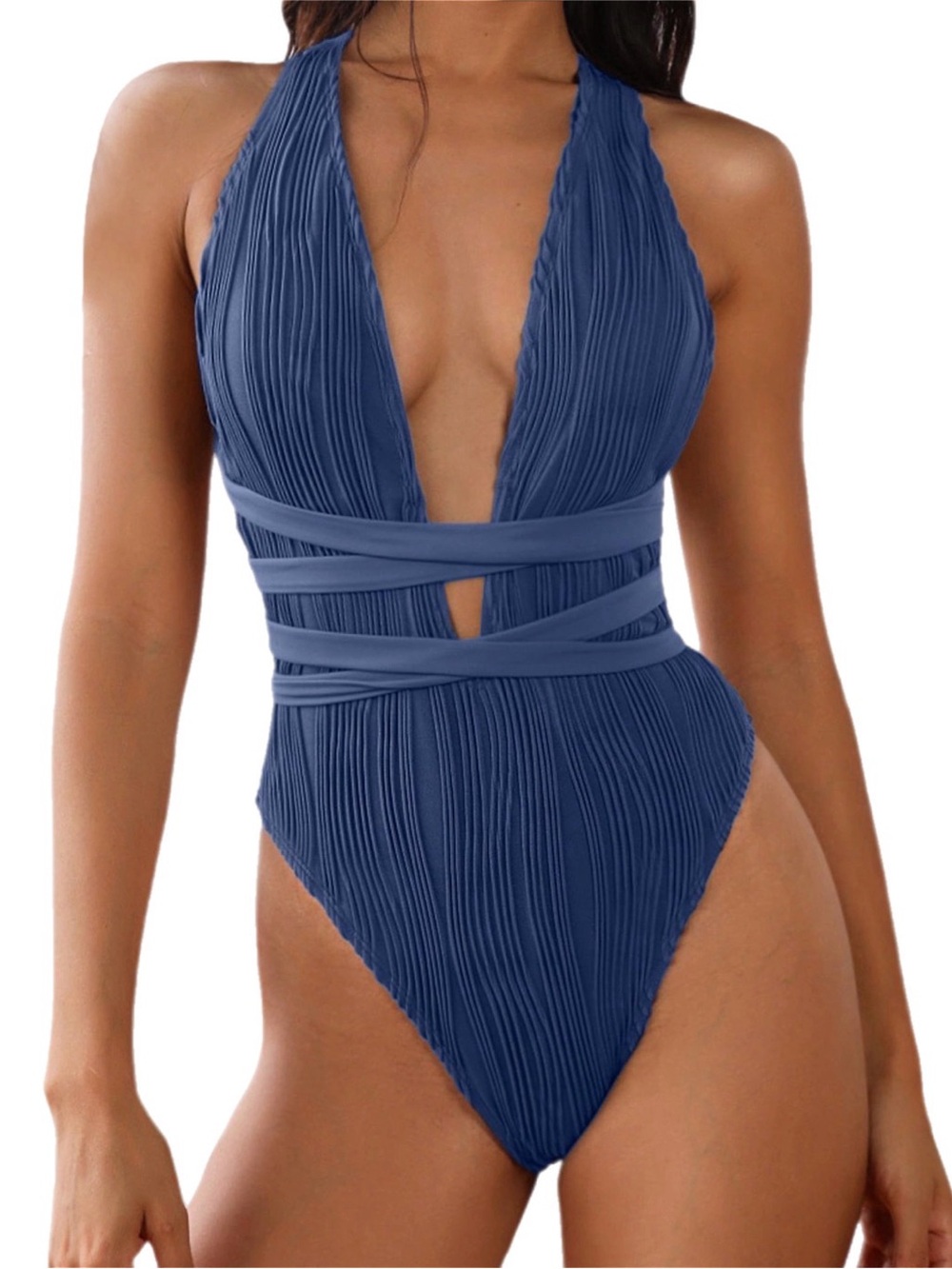 NWOT Deep V One-Piece Swimsuit in Navy Blue with Ribbed Crisscross Size Medium